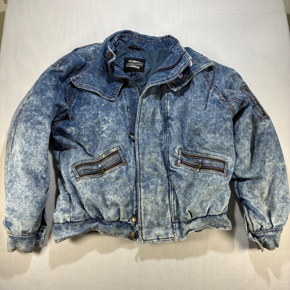 Expressions Acid Wash Denim Bomber Jacket Women Medium 80s Funnel Neck Blue